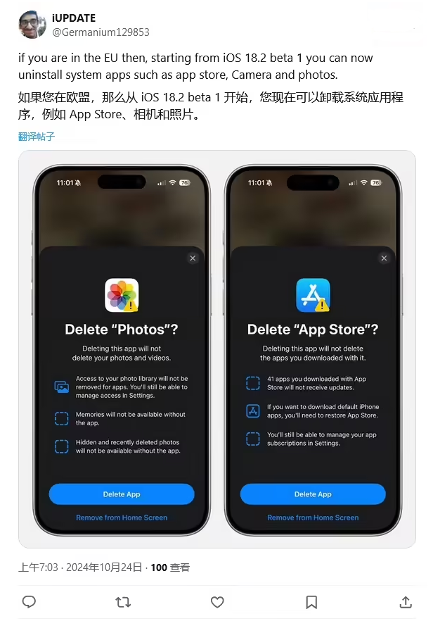 道滘镇苹果手机维修分享iOS 18.2 支持删除 App Store 应用商店 