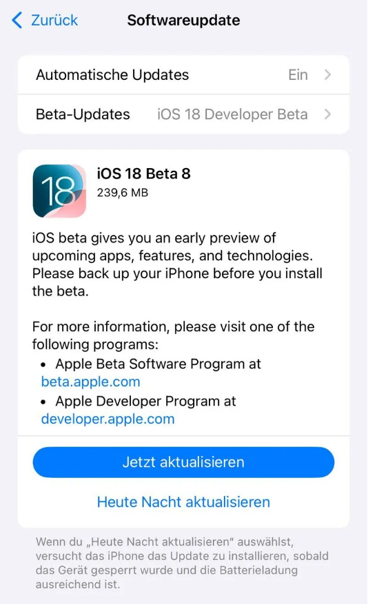 道滘镇苹果手机维修分享苹果 iOS / iPadOS 18 开发者预览版 Beta 8 发布 